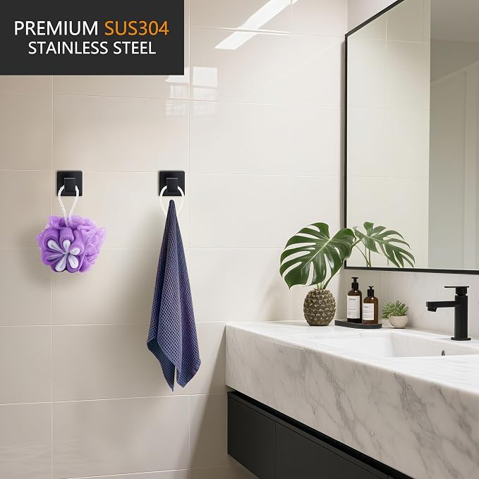 Nolimas Towel Hook Stainless Steel Bathroom Rustproof Clothes Towel Coat Hook Wall Mounted Square Toilet Kitchen, Heavy Duty Door Hanger, 4 Pack, Matte Black
