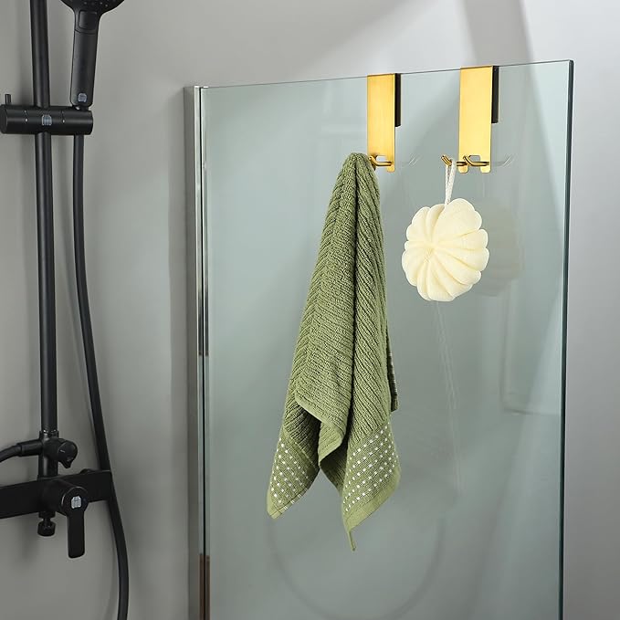 Taozun Towel Hooks for Bathrooms - Over Shower Door Hooks for Towels on Frameless Glass, Gold Stainless Steel, 3-Pack