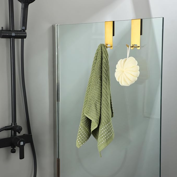 Taozun Shower Door Hooks, Gold Towel Hooks for Bathroom Frameless Glass Door, Shower Squeegee Hooks, 2-Pack, Stainless Steel