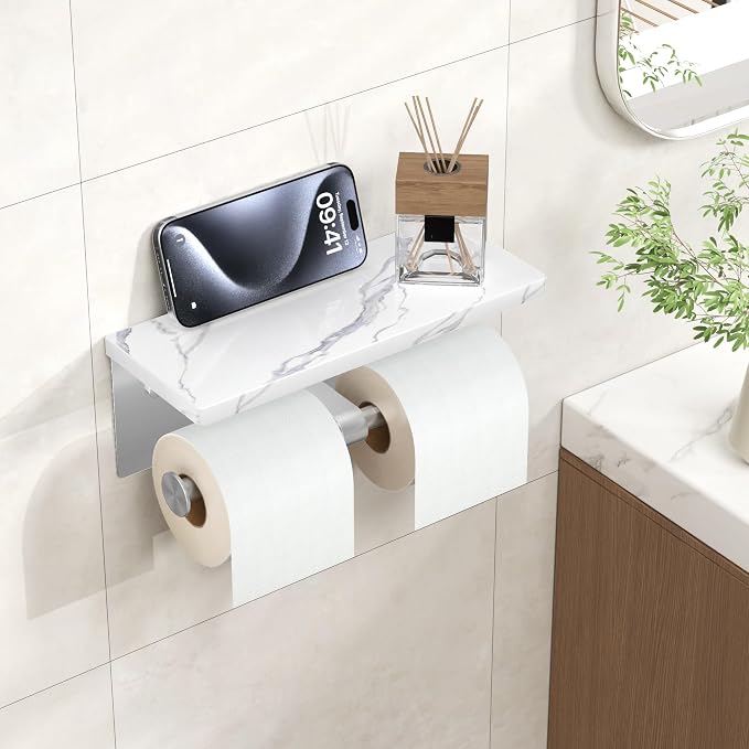 FORIOUS Toilet Paper Holder with Shelf, Marble Wall Mount Tissue Roll Holder for Bathroom, Washroom, 304 Stainless Steel Double Commercial Toilet Tissue Dispensers with Phone Shelf, Brushed Nickel
