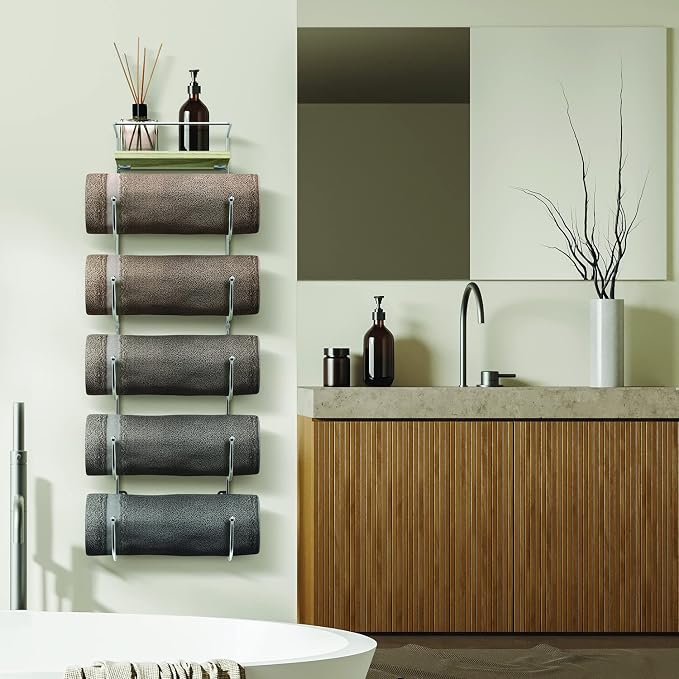 Sorbus Bathroom Towel Holder - 5 Tier Metal Towel Rack with Wood Shelf for Rolled Bath Towels, Washcloths, Linens, Hand Towels, Soaps & Accessories - Wall Mounted Towel Rack for Bathroom Towel Storage