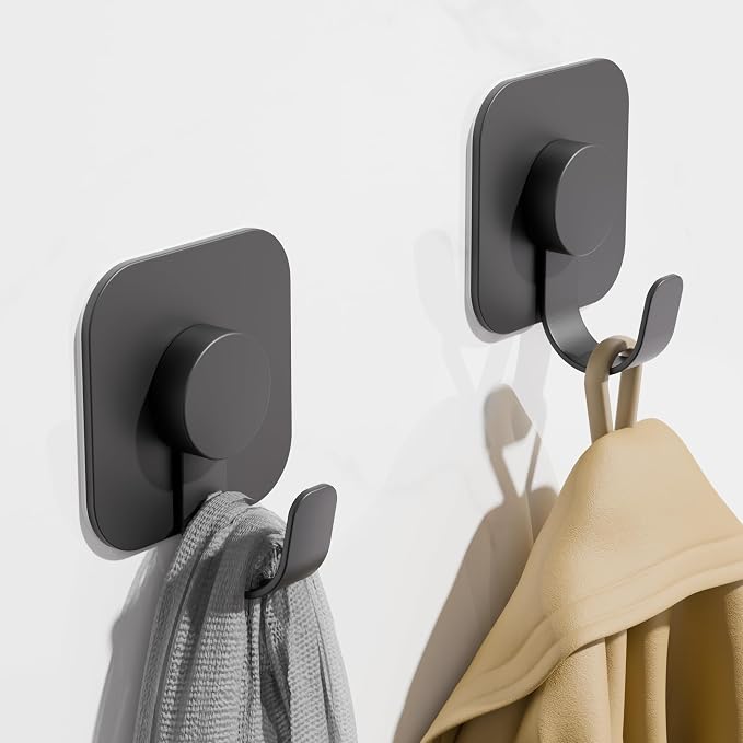 Aikzik 4 Pack Large Heavy Duty Wall Hooks - 26lb Max, Stainless Steel Adhesive Towel Hooks for Hanging Towel, Coat, Robe, Sticky Towel Holder for Wall Mount in Bathroom, Kitchen, Shower, Door - Black