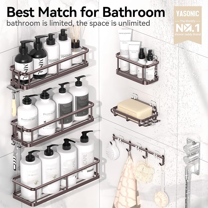 Shower Caddy Adhesive, Rustproof Shower Organizer with Soap Holder, Large Capacity Shower Shelves for Inside Shower, No Drilling Bathroom Organizers and Storage for Home Decor（6 Pack Bronze）