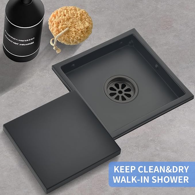 6-Inch Square Shower Drain, Matte Black Floor Drain with Flange, 304 Stainless Steel Bathroom 2-in-1 Tile Drain