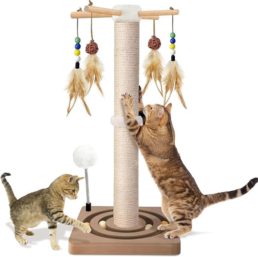 PAROTO Cat Scratching Post, Sisal Scratcher with Double Ball Track, 25 in | Cat Tree Tower for Kittens & Small Indoor Cats, Interactive Hanging Toys, Spring Ball, 2 Mount Methods, Thickened Wood Base