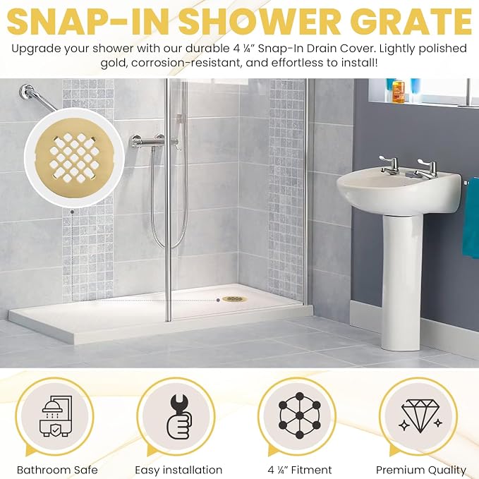 4 ¼” Brushed Light Gold Snap-in Shower Drain Cover - Gold Replacement - 4.25" OD Shower Drain Strainer - Easy Install - Premium Round Shower Drain Cover - Solid Brass Construction