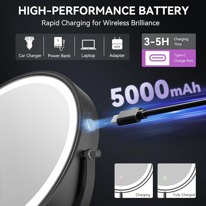 Auxmir 9" 5000mAh Magnifying Mirror, 1X/30X Lighted Makeup Mirror, Black | Rechargeable Battery, 3 Dimmable Colors, 14.9‑18.5" Adjustable Height, 360° Rotation, Stable Base, 30X Magnification