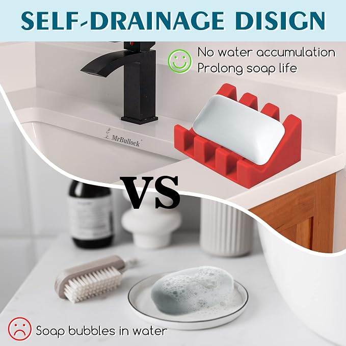 Self Draining Silicone Soap Dish Holder Waterfall Tray, 2 Pack Red Green | Waterfall design drains fast to keep soap dry, non-slip silicone base anti slide, soap saver for bathroom & kitchen