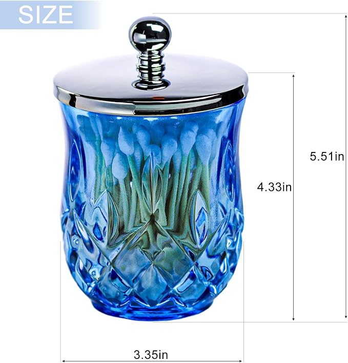 10Oz Blue Glass Q-Tip Holder, Thick Glass & Silver Lid | Round Design, for Q-Tips, Cotton Pads, Jewelry, Candy, Square