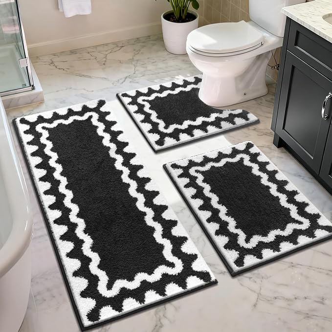 Findosom Bathroom Rugs Sets 5 Piece, Absorbent Soft Non-Slip Bath Rug Set | Washable Microfiber Shaggy Bath Mat Set with Bathroom Runner Rug, U-Shaped Toilet Rugs, Shower Rug & Toilet Lid Cover, Black