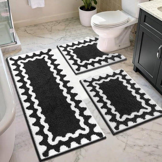 Findosom Bathroom Rugs Sets 3 Piece, Absorbent Soft Non-Slip Bath Rug Set | Washable Microfiber Shaggy Scalloped Bath Mat Set with Bathroom Runner Rug, U-Shaped Toilet Rugs, Shower Rug, Black