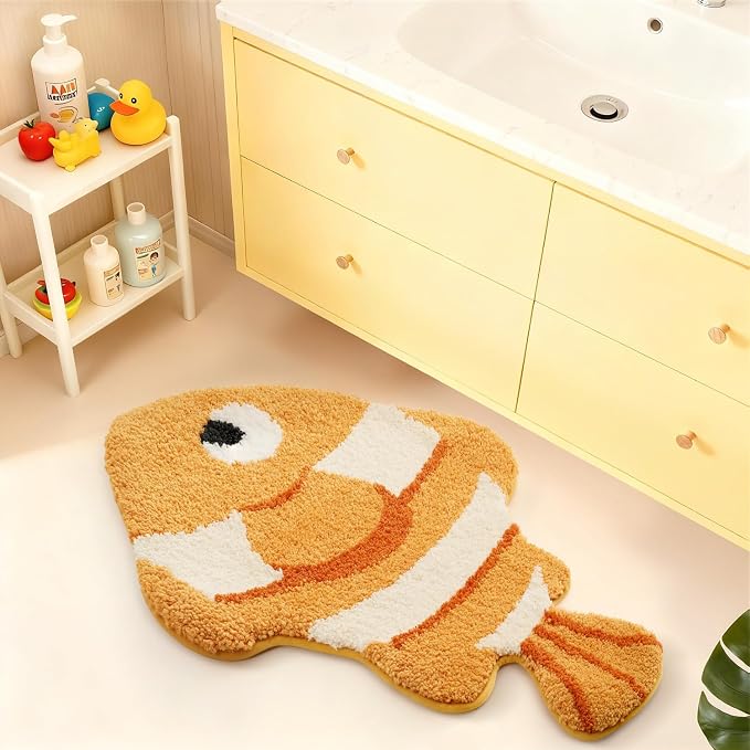LUMI Cute Animal Bathroom Rugs, Plush Absorbent Bath Mats for Bathroom, Non-Slip Backing Washable Bath Mat, Ideal for Shower Sink Bathtub Room Decor, 24"x41", Clownfish