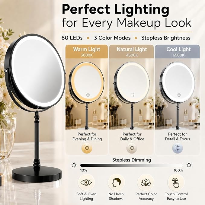 DEIOVWXS Makeup Mirror, Rechargeable Vanity Mirror with 3 Lights, 1X/10X | Adjustable Brightness, 3000mAh, Double-Sided, Gift for Mom, Women, Wife, Girls, Dorm Room Essential