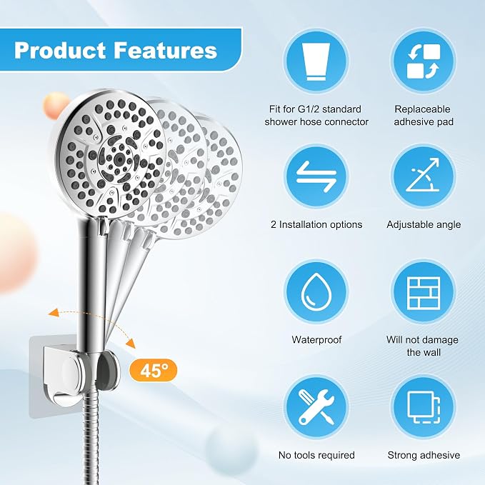 Hibbent Showerhead Holder, Strong Adhesive and Waterproof Handheld Shower Holder and Bracket, Height Adjustable Shower Wand Holder, Wall Mount, No Drilling, Chrome Finish