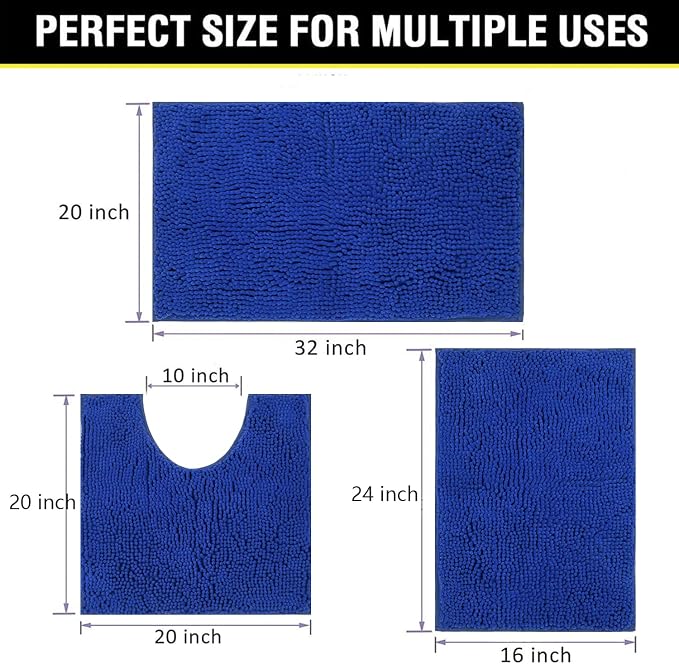 Bathroom Rugs Chenille 3-Piece Extra Soft and Absorbent Shag Bathroom Rugs, Machine Wash Mat, Strong PVC Non-Slip Underside, Plush Carpet Mats (Royal Blue)