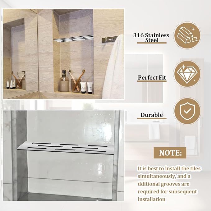 Rectangular Shelf for 12 Inch Tile Prefabricated Niches, Shower Niche Shelf with Brushed 316 Stainless Steel Finish, Fits 1/8 inch Grout Lines Shower Niche Insert