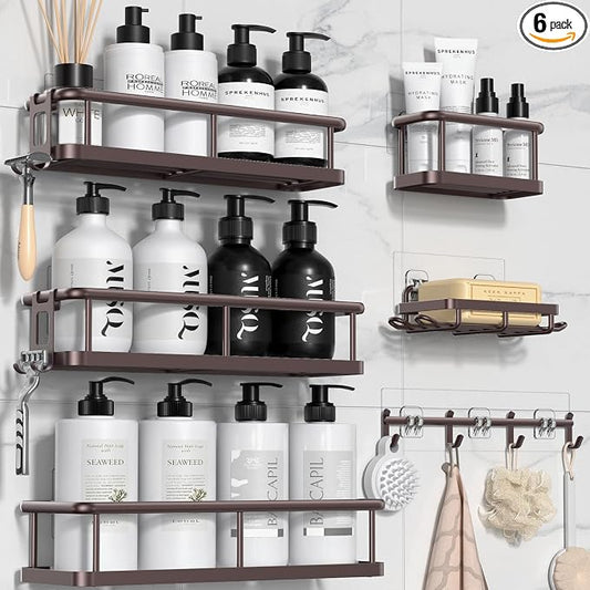 Shower Caddy Adhesive, Rustproof Shower Organizer with Soap Holder, Large Capacity Shower Shelves for Inside Shower, No Drilling Bathroom Organizers and Storage for Home Decor（6 Pack Bronze）