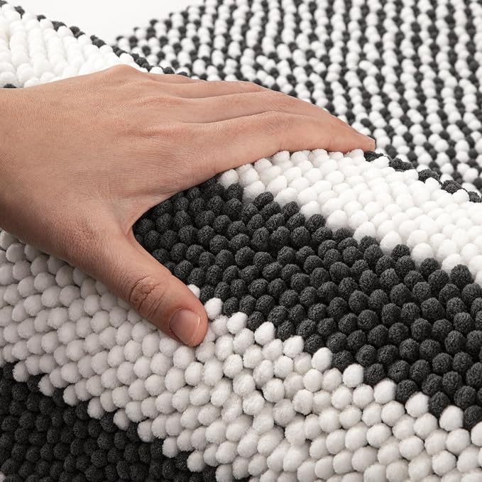 Large Bathroom Rugs, 24x36 Chenille Bath Mats, Dark Grey | Extra Soft Absorbent, Non Slip Striped, Quick Dry Machine Washable, Modern, Shower Rug for Bathroom Bedroom Decor