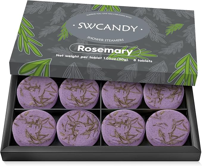 SWCANDY Rosemary Shower Steamers 8 Pack, Home Spa Self Care | Herbal green aromatherapy with natural essential oils, shower gift for women, men, wife & husband.
