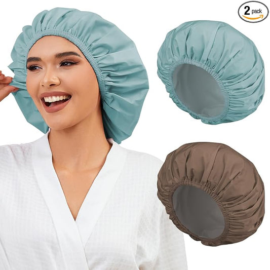 2 Pack Shower Caps for Women, Reusable Waterproof Shower Cap with Elastic Band, Thickened Waterproof Fabric Shower Bonnet for Braids, Long Hair