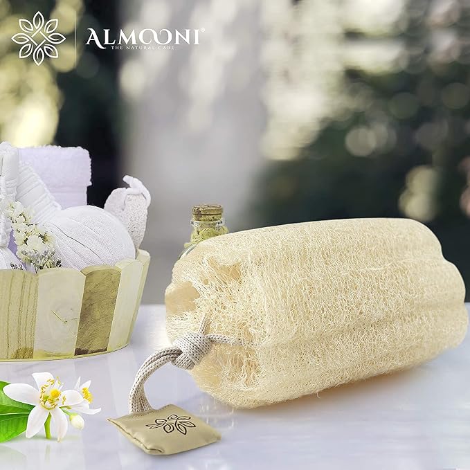 ALMOONI Natural Loofah Body Scrubber, Egyptian Loofah Sponge, 2 Count | Natural Egyptian Loofah Sponge, Round Shape Shower Sponge for Face & Body, Men & Women, Gentle Exfoliation, Large Size