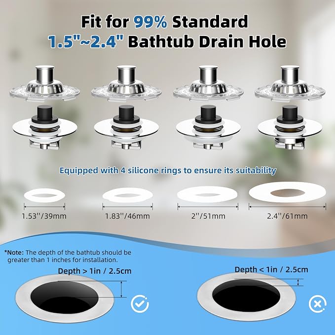 Universal Bathtub Drain Stopper, Metal Top Strainer Hair Catcher, Chrome | Shower Drain Tub Stopper with Stainless Steel Visible Filter Basket, Upgraded 3 in 1 Pop-up Drain Plug for 1.5 to 2.4" Hole