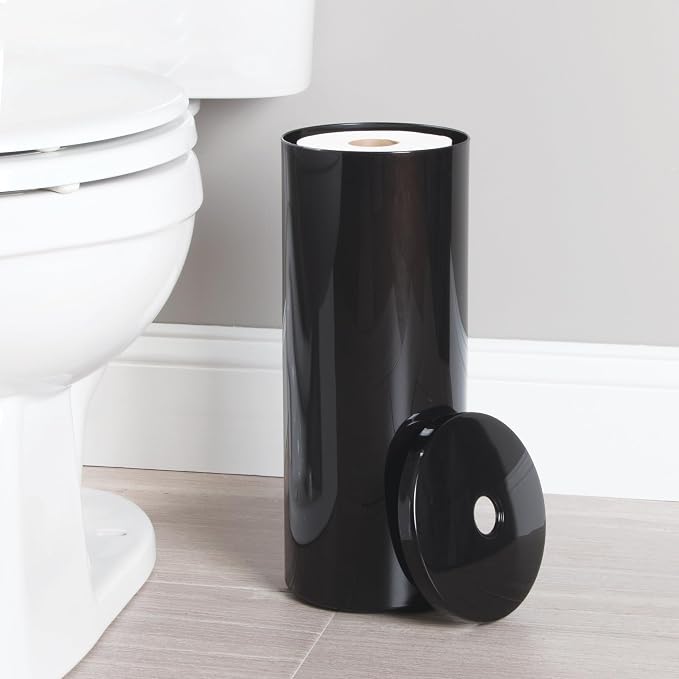 iDesign Freestanding Toilet Paper Canister with Lid, Black | For 3 Extra Rolls, Made in USA