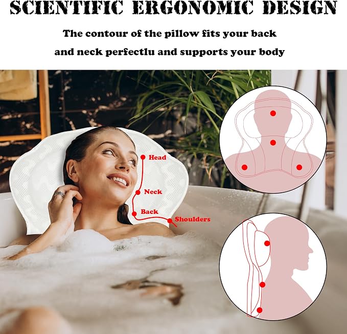 Bath Pillow Spa Bathtub Ergonomic for Tub, Neck, Head, Shoulder Pillows Support Cushion Headrest,Strong Grip Suction Cups Soaking and Luxury Soft 4D Mesh