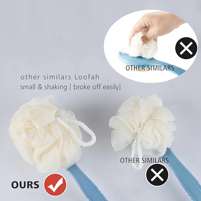 Shower Body Brush Bristles & Mesh Loofah Sponge,Curved Handle Back Scrubber | Long Handle Bath Brush with Mesh Sponge for Skin Exfoliating,Massage Bristles Suitable for Wet or Dry,Men & Women(Black)