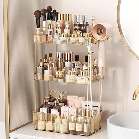 Bathroom Counter Organizer for Vanity, Makeup Organizer Countertop with Holder, Large Capacity Storage Rack, Perfect Large Skincare, Hair Care, Perfume, Easy to Install (Gold, 3Tiers)