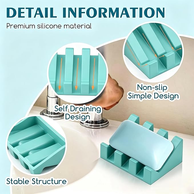 Silicone Soap Dish Self Draining for Shower & Kitchen (Fresh Green,1 Pack) | Waterfall drainage design drains fast to keep soap dry non-slip silicone base, practical soap saver for bathroom & kitchen