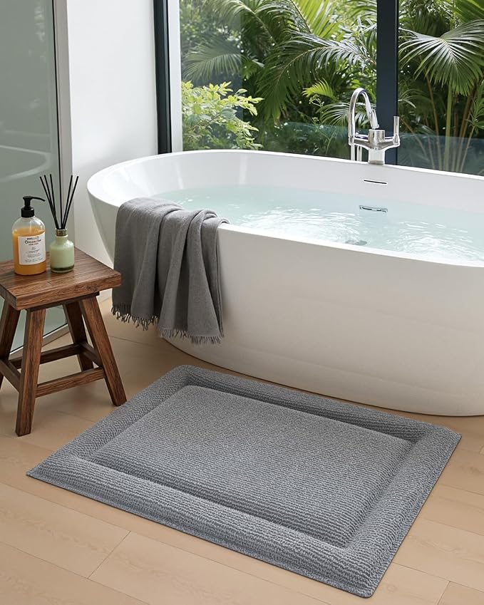 DEXI Memory Foam Bath Mat 24x17, Thick Chenille Bathroom Rug, Light Grey | Ultra Soft Absorbent, Non Slip Quick Dry, Cushion Plush Bath Carpet for Tub Shower, Sink