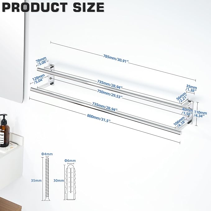 Alise 32 inch Double Towel Bar for Bathroom Wall Mounted, Polished Chrome | SUS304 Stainless Steel, Bathroom Towel Holder Towel Hanger, Towel Racks for Bathroom, Labatory, Tower Drying Rack Towel Rail