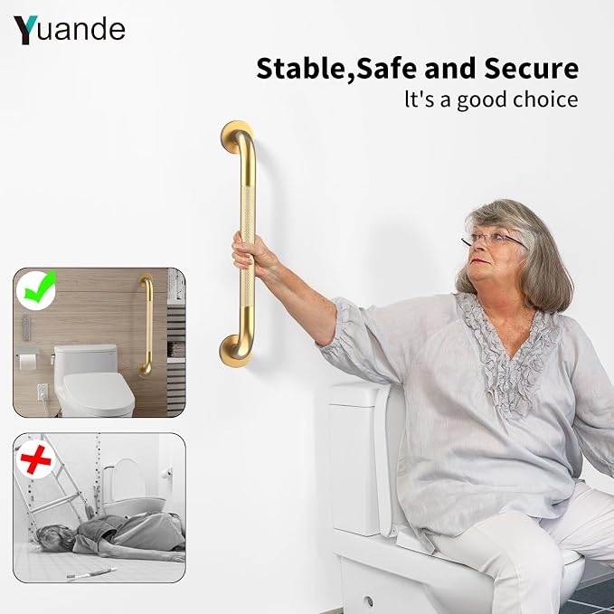 20 Inch Brushed Gold Shower Grab Bar with Anti-Slip Knurled Grip,YuanDe Stainless Steel Bathroom Grab Bars，Shower Handrail Support, Handicap Elderly Balance Assist Handles