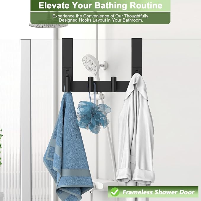 Extended Robe Door Hooks, Heavy Duty Stainless Steel Towel Hooks for Frameless Glass Shower Doors, Towel Hanger Rack, Shower Hooks for Bathroom (Black-4 Hooks, 1 Pack)