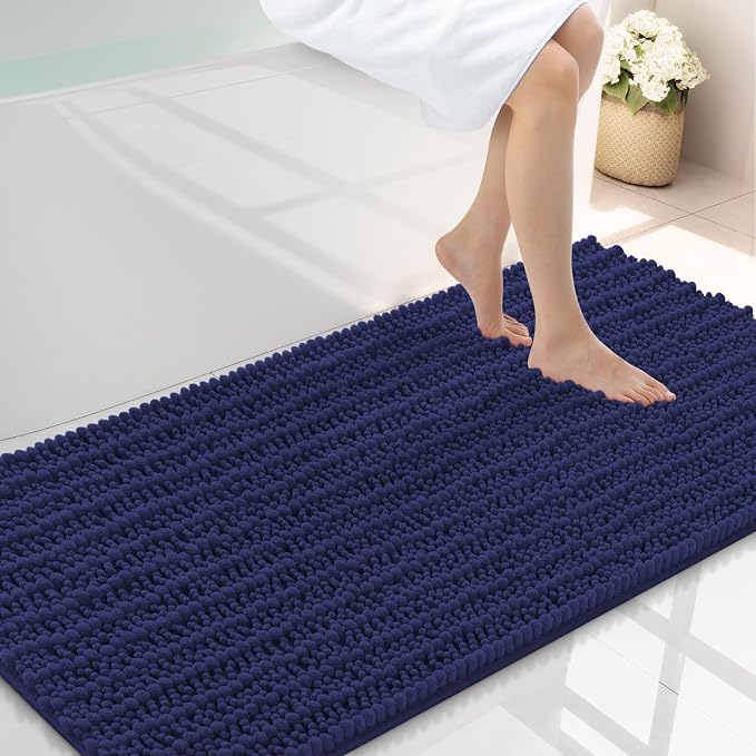 Smiry Bathroom Rugs 44X24, Extra Soft Rubber Backing Chenille Bath Mats | Deep Blue Machine Washable Non Slip Quick Dry Bath Mats for Bathroom Floor, Tub, Shower, Home Decor Accessories