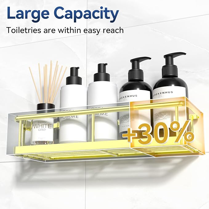 Shower Caddy Adhesive, Rustproof Shower Organizer with Soap Holder, Large Capacity Shower Shelves for Inside Shower, No Drilling Bathroom Organizers and Storage for Home Decor（3 Pack Gold）