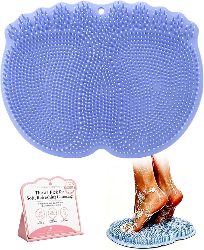 Foot Scrubber in Shower Mat Back Easy for Clean Feet Hands Free Washing Washer Silicone Wall Mounted Brush Accessories for Inside with Non- Slip Suction Cups Bathroom Pad (Blue)