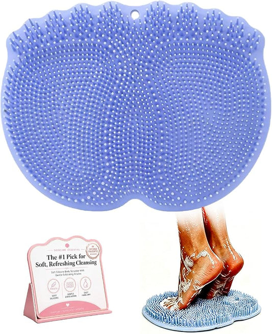 Foot Scrubber in Shower Mat Back Easy for Clean Feet Hands Free Washing Washer Silicone Wall Mounted Brush Accessories for Inside with Non- Slip Suction Cups Bathroom Pad (Blue)