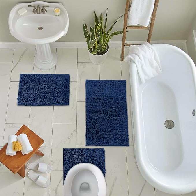 LuxUrux 3-Piece Bathroom Rug Set – Plush Chenille Bath Mats & U-Shaped Toilet Mat, Ultra-Soft, Absorbent & Non-Slip (20x20 U, 16x24 & 20x30 inches, Blue)