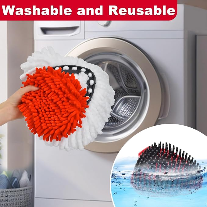 Mop Heads Replacement Compatible with O-Cedar EasyWring 1-Tank System, Includes 2 Microfiber + 2 Chenille Refills + 1 Scrub Brush + 1 Spin Mop Base for Hard Floor Cleaning