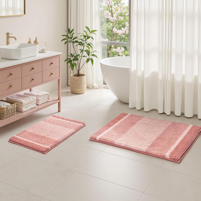 HOMEIDEAS Pink Bathroom Rugs Set of 2, Striped Chenille, 20"x32"+17"x24" | Non Slip Absorbent Bath Mats, Fluffy Striped Chenille Soft Shaggy Bath Rugs for Bathroom Floor and Tub, Machine Washable