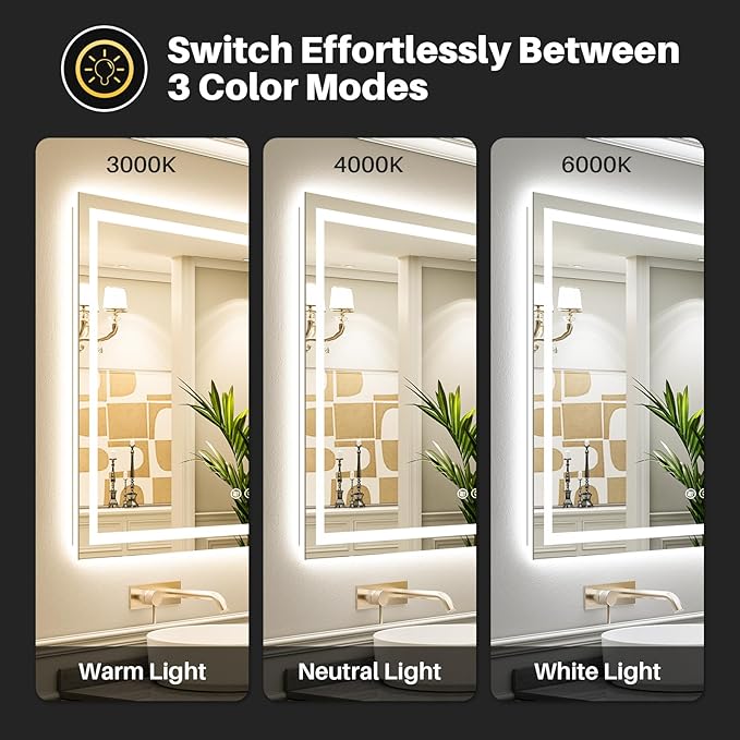 Briivue 55x36 Inch LED Bathroom Mirror with Lights, Backlit & Front | Anti-fog, 3 Color Dimmable, Memory Function, HD Reflection Tempered Glass, ETL Listed, IP54 Waterproof