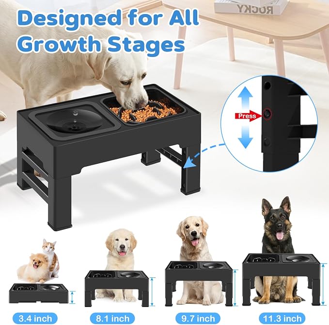 2-in-1 Elevated Dog Bowls, No Spill Water Bowl, Slow Feeder Food Bowl | 4 Adjustable Heights, Food and Water Bowl Set, Non-Skid, Raised Pet Bowl Stand for Medium Large Dogs, Slow Eating, Easy Setup