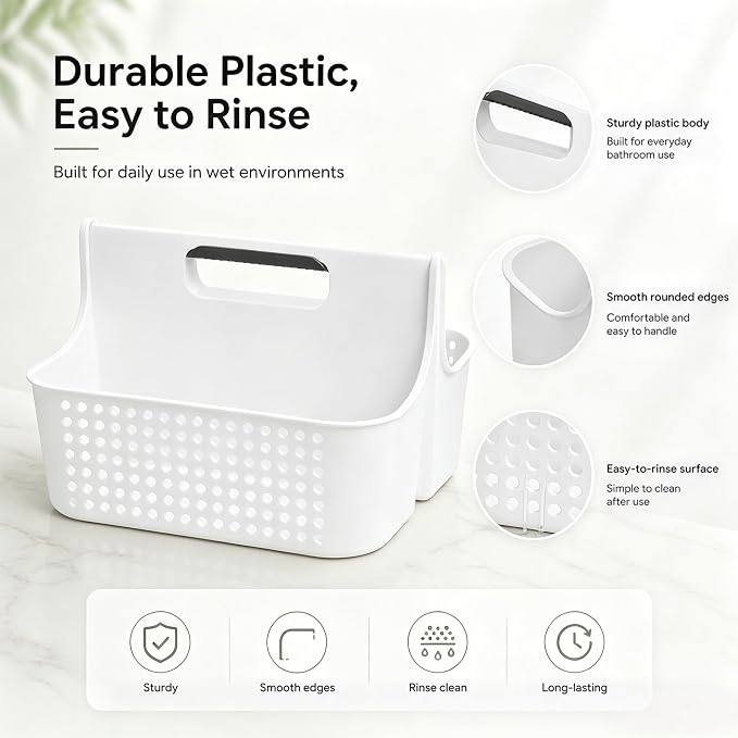Haundry Portable Shower Caddy Basket, 2 Compartments Plastic Cleaning Caddy Organizer, Large Storage Tote with Handle for Bathroom, College, Dorm Room Essentials, White