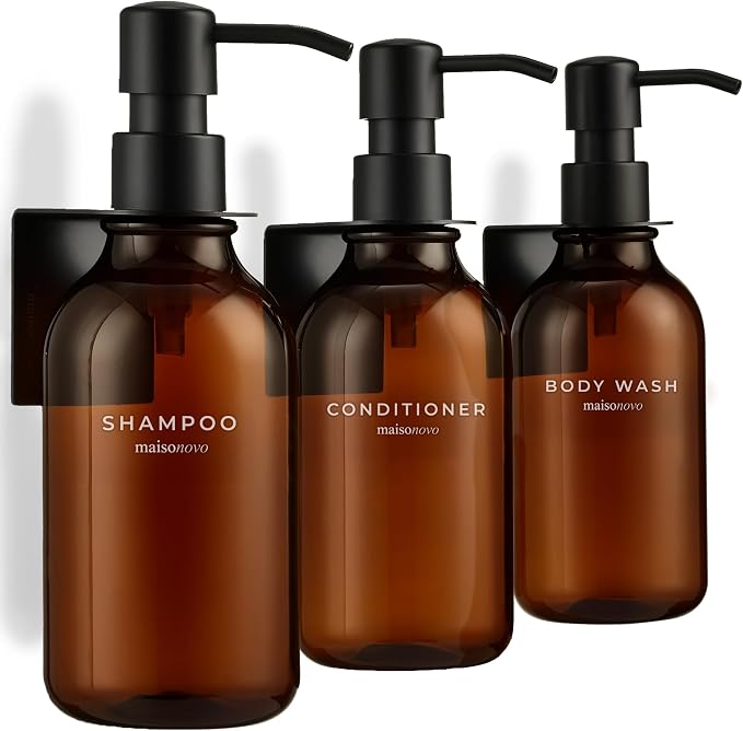 Shampoo and Conditioner Dispenser Wall Mounted Set of 3 Amber Black - No Drill Shower Soap Dispenser for Bathroom Refillable - Spa Hotel Style Accessories by MaisoNovo | No Drill Wall Mount - Shower Soap Dispenser · Holds Body Wash or Hand Soap · Wall ...