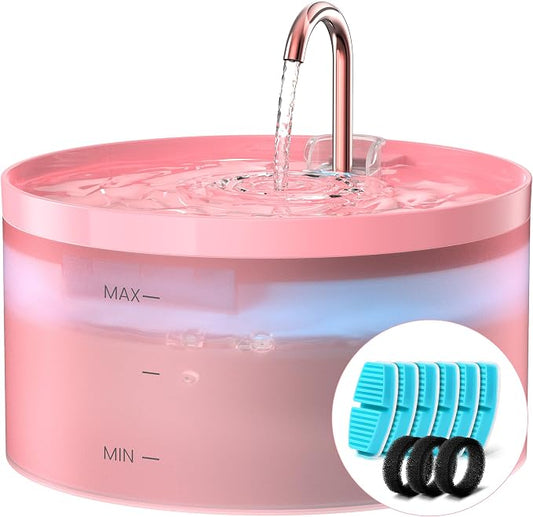 Pink Cat Water Fountain: with 6 Carbon Filters + 3 Sponge Filters | 108oz/3.2L Pet Water Fountain Indoor Faucet Cat Fountain for Cats and Dogs