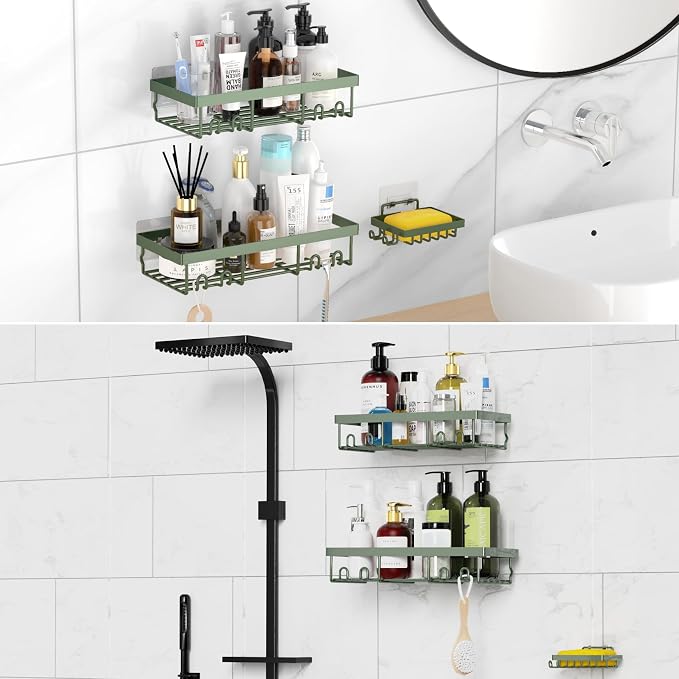 Moforoco 3-Pack Shower Caddy Basket Shelf with Soap Holder, No Drilling Traceless Adhesive Shower Wall Shelves, Rustproof Black Bathroom Shower Storage Organizer