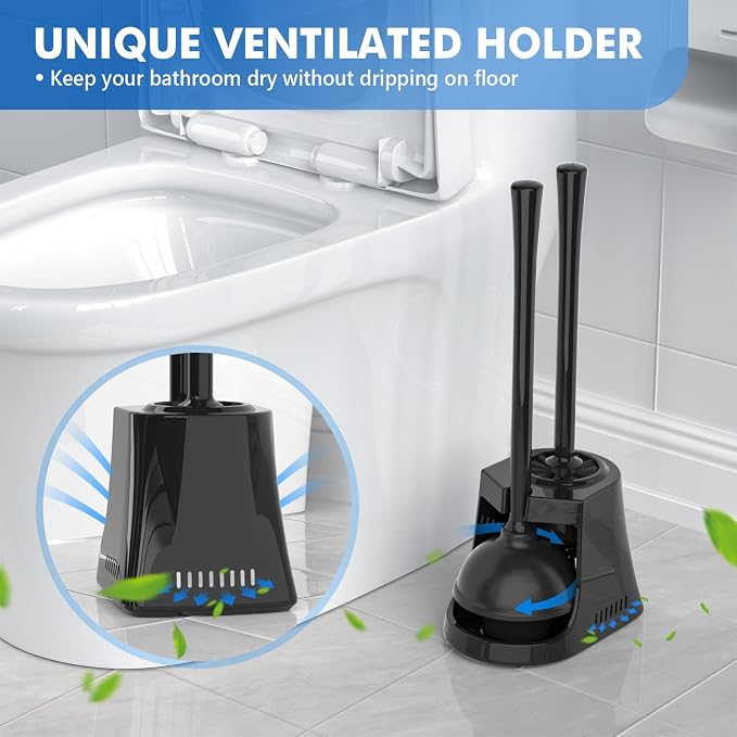 LOVLOY Toilet Plunger and Brush, Bowl Brush and Heavy Duty Toilet Plunger Set with Ventilated Holder, 2-in-1 Toilet Brush and Plunger Combo for Bathroom Cleaning (2, Black)
