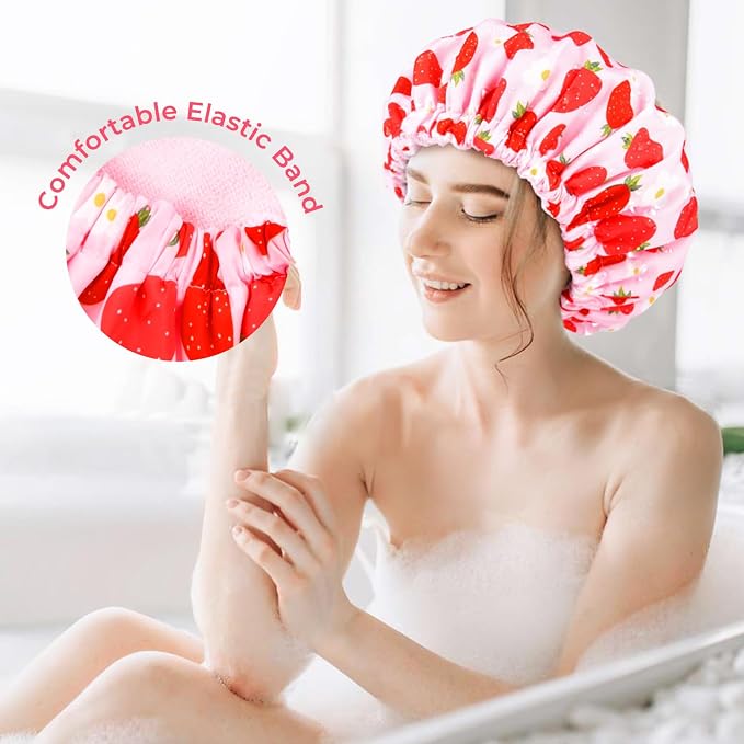 Shower Cap for Women Terry Lined Bath Cap Large Reusable Waterproof Elastic Band Pink Strawberry Shower Caps for Long Thick Hair Soft Bath Shower Hair Caps